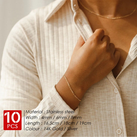 eManco 10PCS Classic Figaro Chain Bracelet Women Trend Gold Color Width 4/6/8MM Stainless Steel Chain Bracelet For Women Jewelry