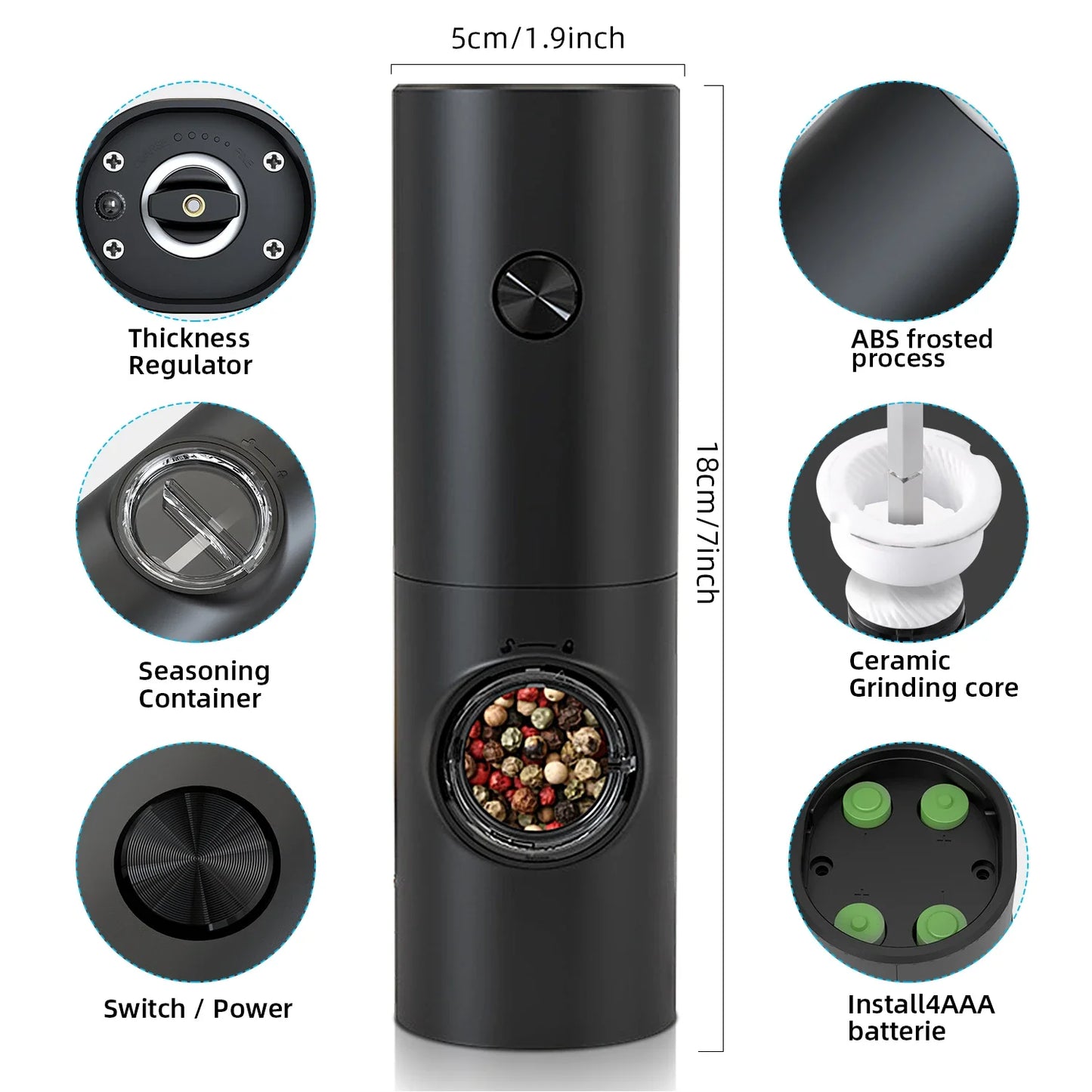 Electric Pepper And Salt Grinder Set Battery Powered With Stylish Base Automatic Pepper Grinder LED Light  Adjustable Thickness