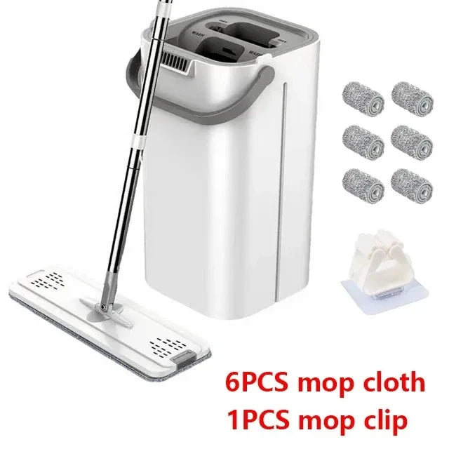 White Hand Free Flat Floor Mop Bucket Set For Professional Home Floor Cleaning System With Washable Microfiber Pads