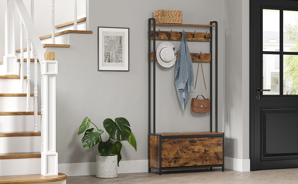 VASAGLE coat rack with shoe cabinet, wardrobe with bench, dresses rack, shoe dump truck, 9 hooks