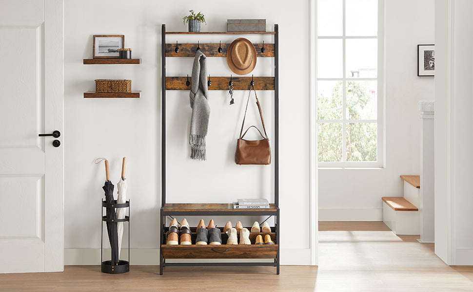 VASAGLE coat rack with shoe cabinet, wardrobe with bench, dresses rack, shoe dump truck, 9 hooks