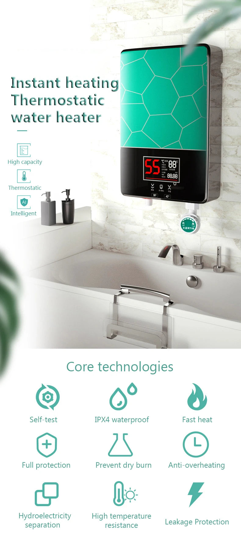 DMWD Electric Thermostatic water heater 7000W Remote Control Instant heating waterproof tankless water heater for shower bath