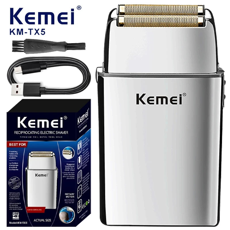 Kemei KM-TX5 Premium Chargeable Battery Type Silver Shaver Double Net Aluminum Alloy Reciprocating Electric Shaver