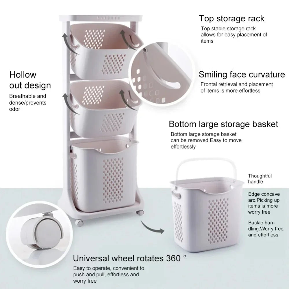 3-Tier Laundry Storage Basket Bathroom Dirty Clothes Storage Basket With Wheel Clothes Sorter Organizer Hamper Rack Rolling Cart