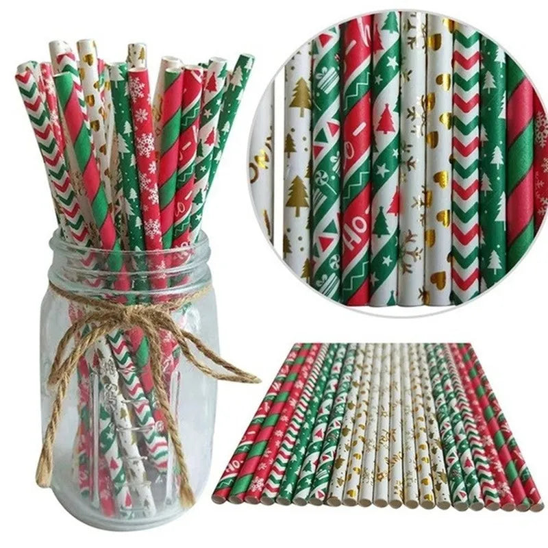 25Pcs Paper Straws Drinking  Striped  Christmas Wedding Happy Birthday Party Cake Straw Decoration Supplies Milk