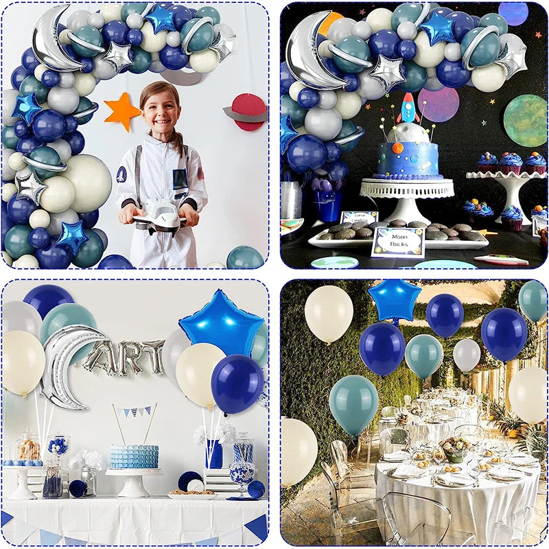 124PCS Outer Space 1st Birthday Moon Star Foil Balloon Arch for Boy Kids Astronaut UFO Themed First Trip Birthday Party Supplies