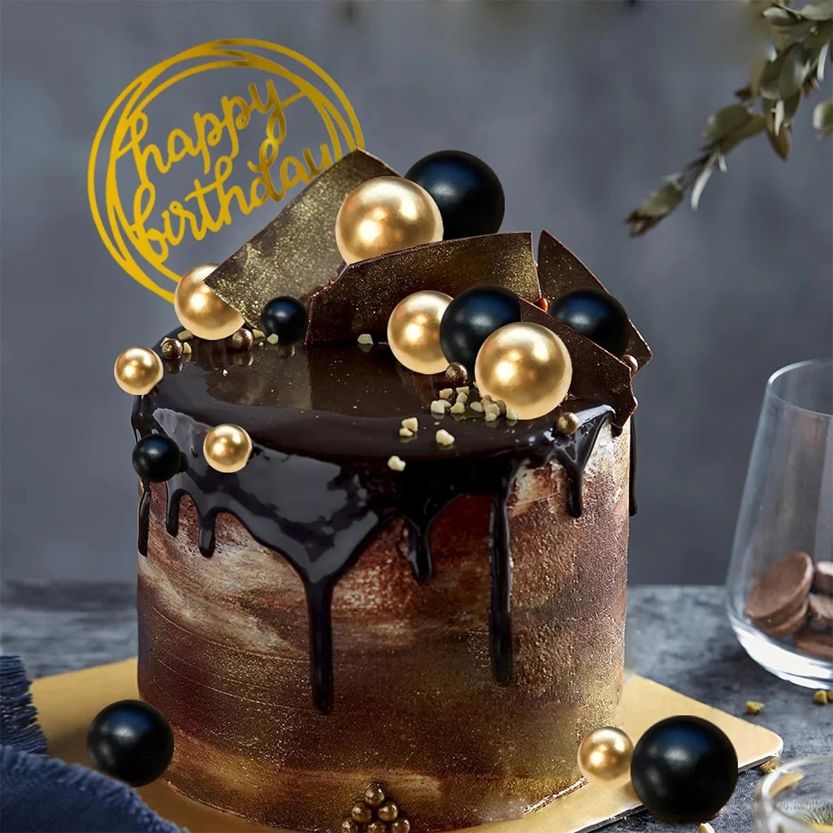 27pcs Pearl Balls Cake Topper Happy Birthday Cake Insert Pick DIYPile Up Insert for  Birthday Party Cake Decoration (Black Gold)