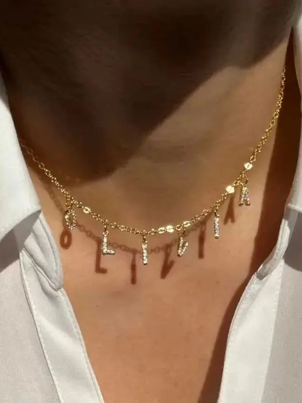 Customized Name Necklace Personalized Zircon 26 Capital Letter Stainless Steel Choker Necklace Pendant Nameplate Jewelry Gift