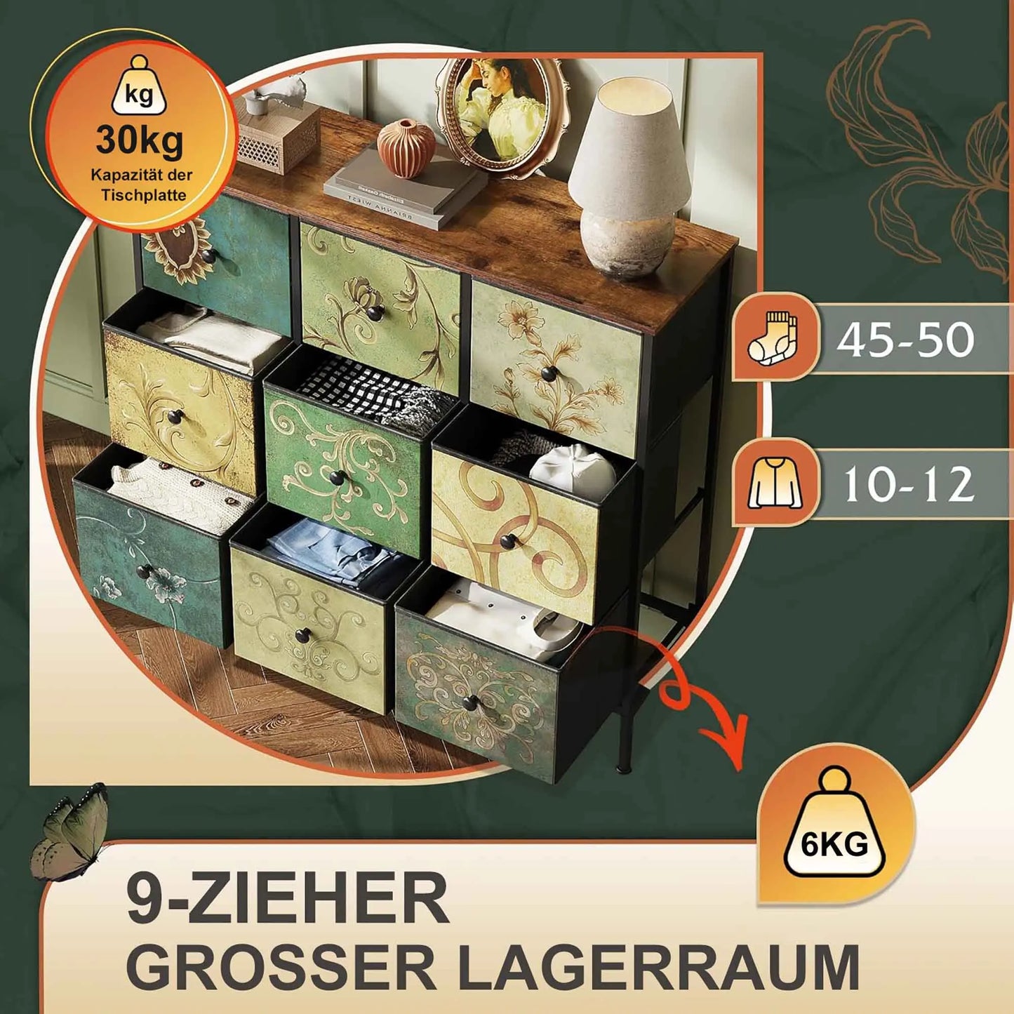 Chest of Drawers with 9 Fabric Drawers, TV Cabinet, Sideboard with Fabric Drawers, Drawer Cabinet for Kitchen Office Hallway