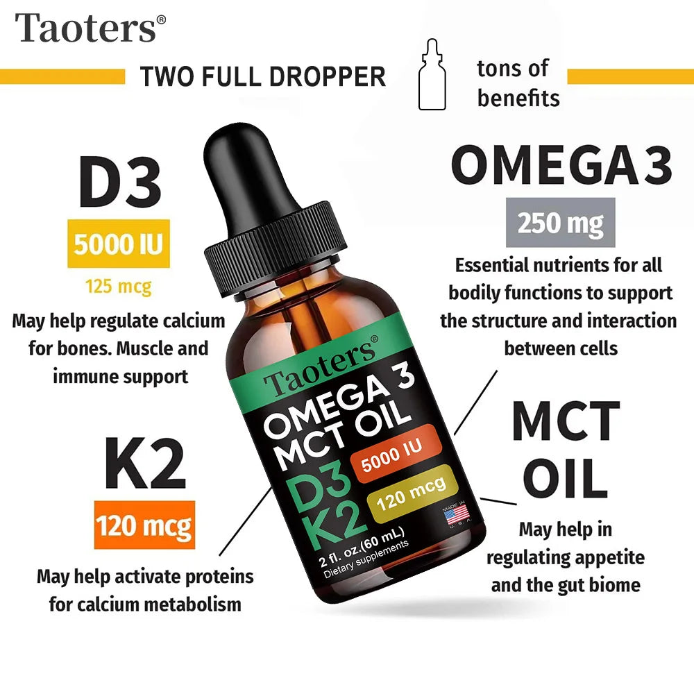 Vitamin D3 K2 Drops, Vitamin D Liquid 5000 IU with Omega 3 & MCT Oil,  Non-GMO for Immune Support Dietary Supplement, 60 Ml