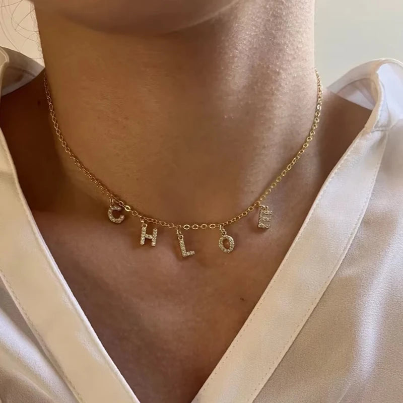 Customized Name Necklace Personalized Zircon 26 Capital Letter Stainless Steel Choker Necklace Pendant Nameplate Jewelry Gift