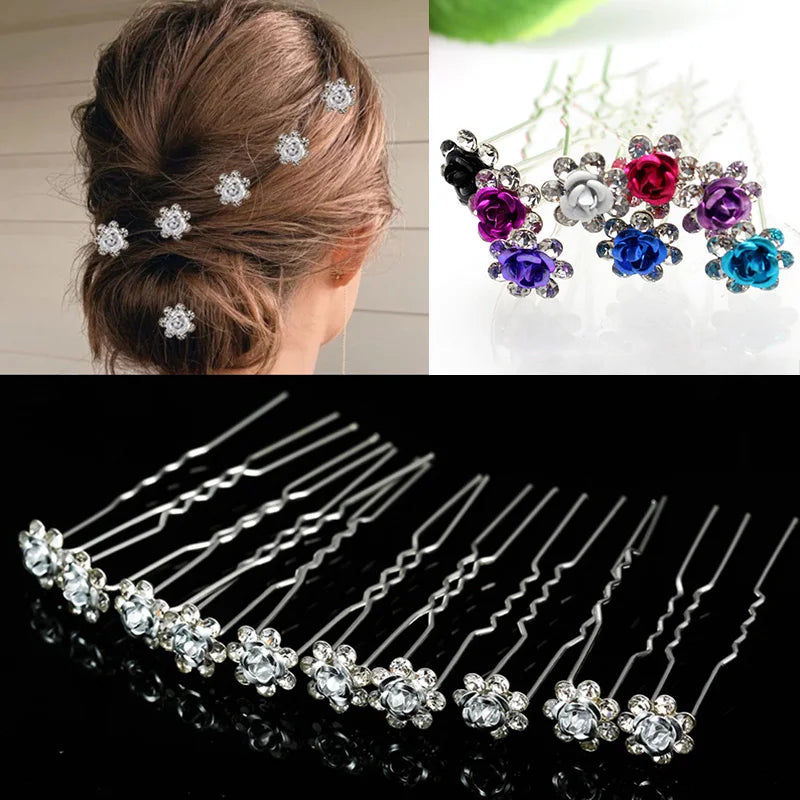 20pcs/lot Fashion U Shape Crystal Hair Fork Rhinestone Flower Hair Pin Sticks For Women Wedding Bridal Hair Accessories Jewelry