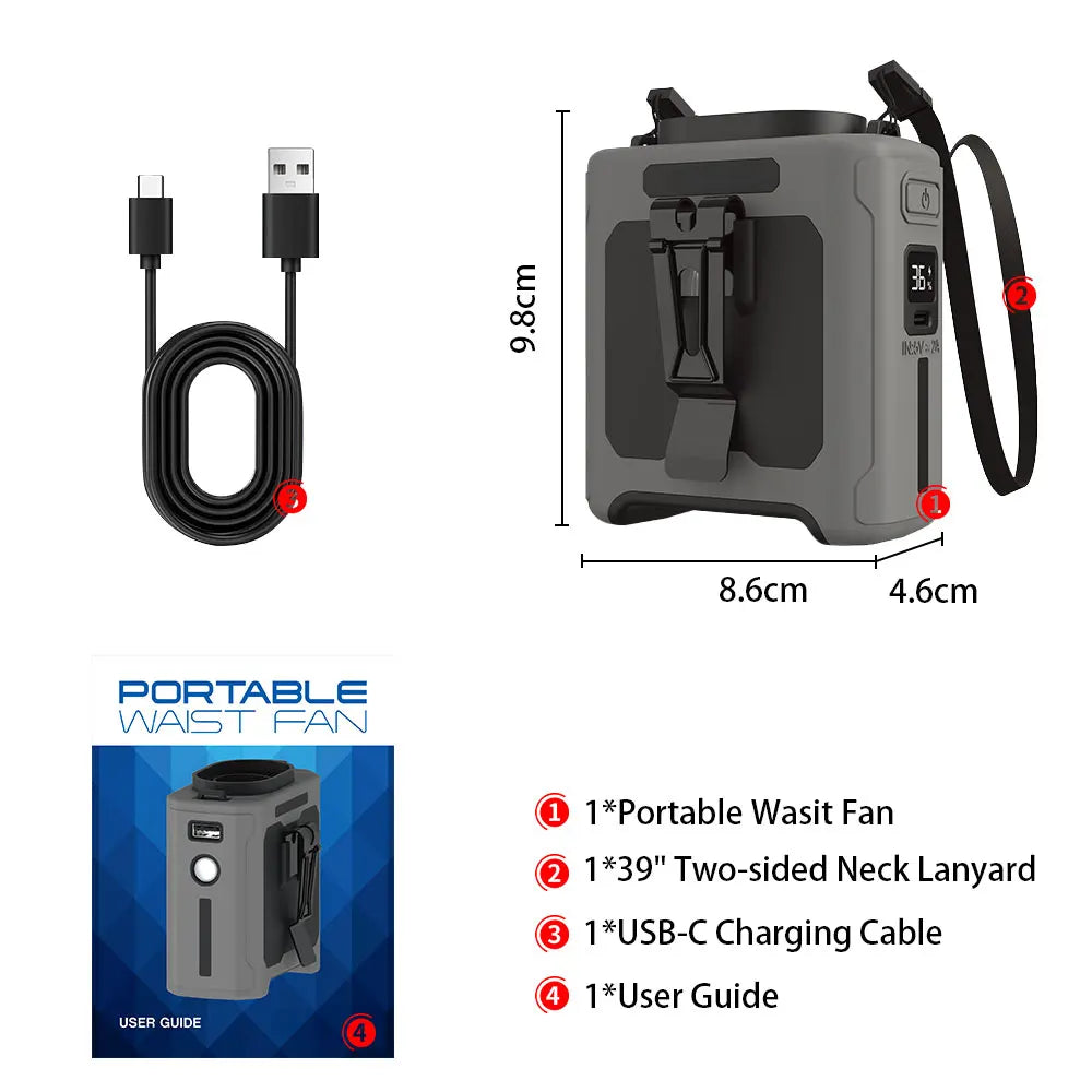 14500mAh Portable Waist Fan one-way Airflow Outlet Turbo Motors with Four Clips Emergency Flashlight Power Bank for Outdoor
