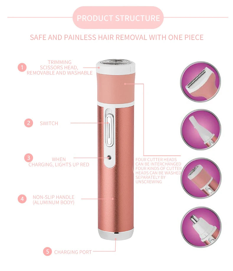 4 in 1 Body Hair Removal Epilator Armpit Hair Bikini Hair Leg Hair Pubic Hair Electric Razor Clipper Shaver Trimmer Women