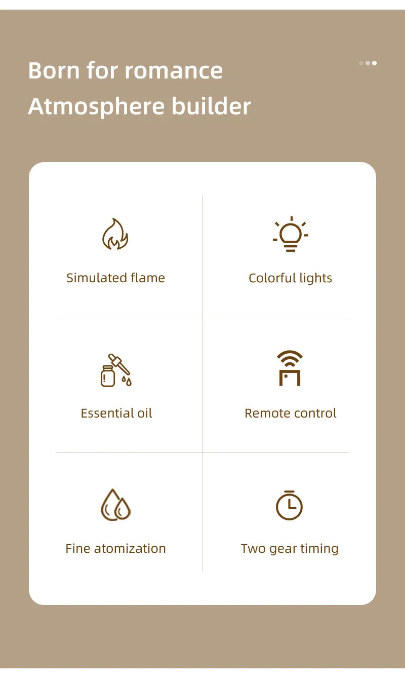Air Humidifier Flame Fireplace Aroma Essential Oil Diffuser 250ml Desktop Air Diffuser Essential Oil with Timed Colorful Light