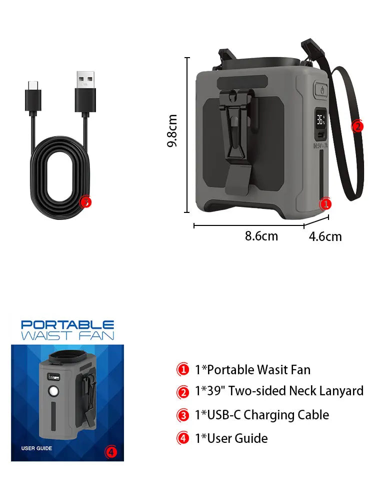 14500mAh Portable Waist Fan one-way Airflow Outlet Turbo Motors with Four Clips Emergency Flashlight Power Bank for Outdoor