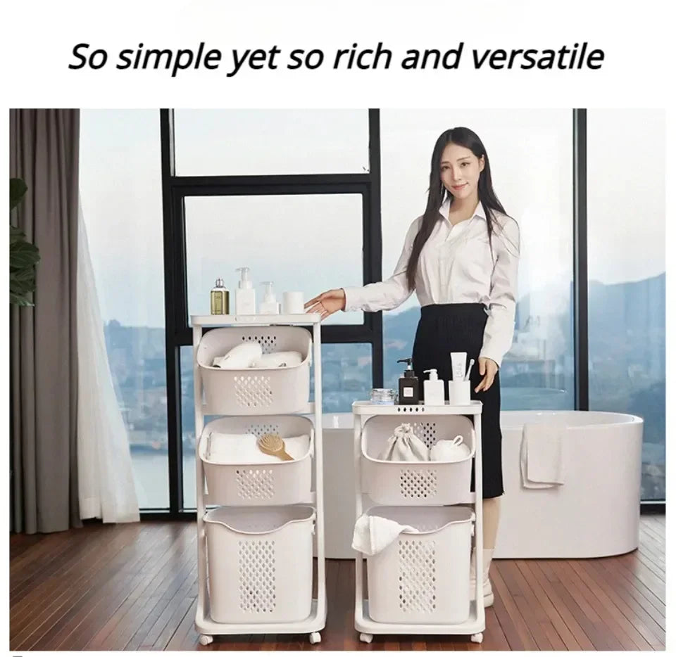 3-Tier Laundry Storage Basket Bathroom Dirty Clothes Storage Basket With Wheel Clothes Sorter Organizer Hamper Rack Rolling Cart