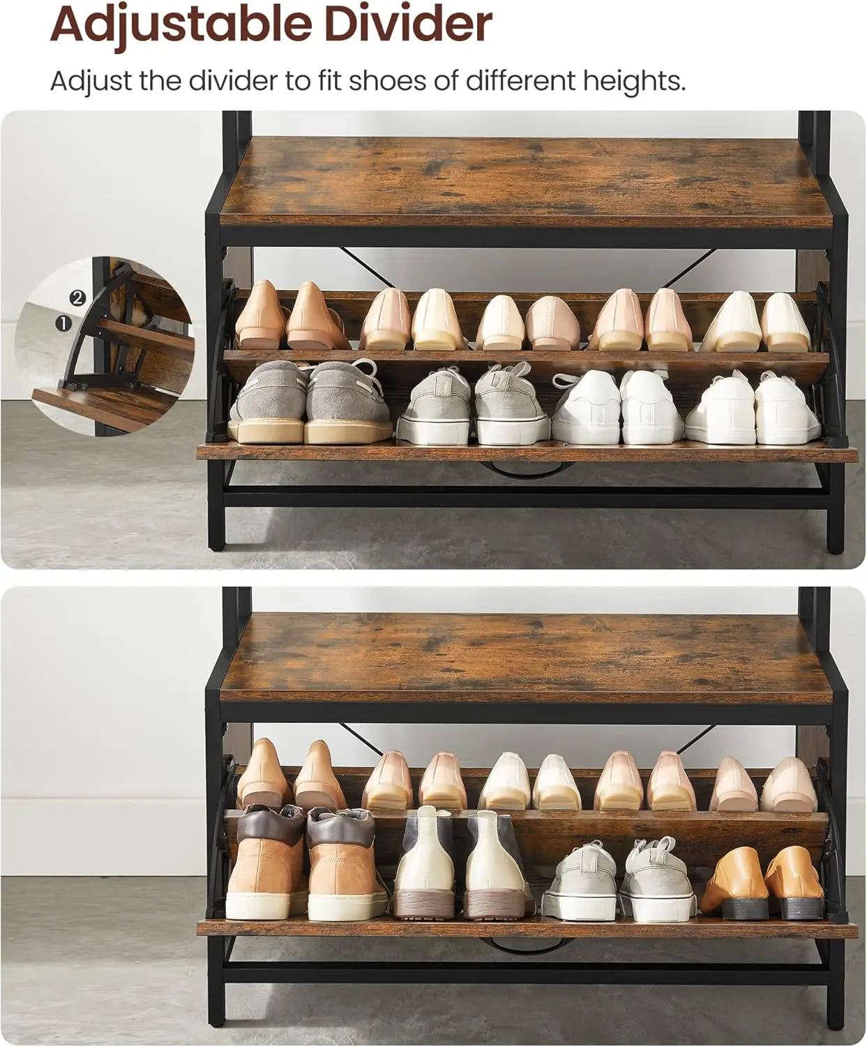 VASAGLE coat rack with shoe cabinet, wardrobe with bench, dresses rack, shoe dump truck, 9 hooks