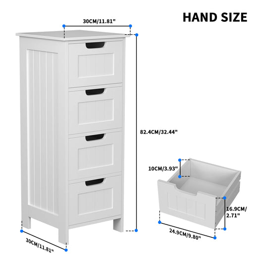 Bathroom Storage Cabinet with 4 Drawers, Wooden Modern Style Free-standing Cabinet for Bathroom, 30 x 30 x 82 cm, White