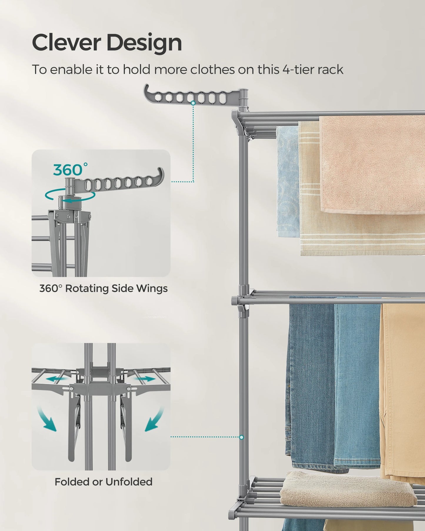 SONGMICS Large Clothes Airer, Foldable Clothes Drying Rack Laundry 4-Tier, Moveable Clothes Horse, 64 x 126 x 172 cm