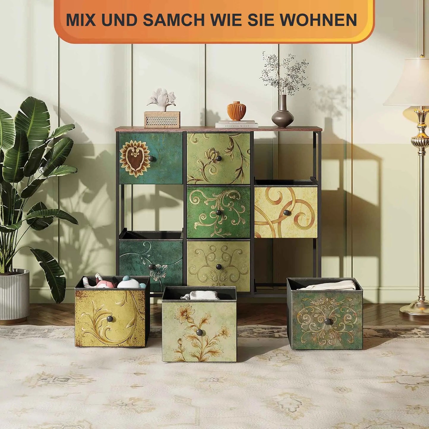 Chest of Drawers with 9 Fabric Drawers, TV Cabinet, Sideboard with Fabric Drawers, Drawer Cabinet for Kitchen Office Hallway