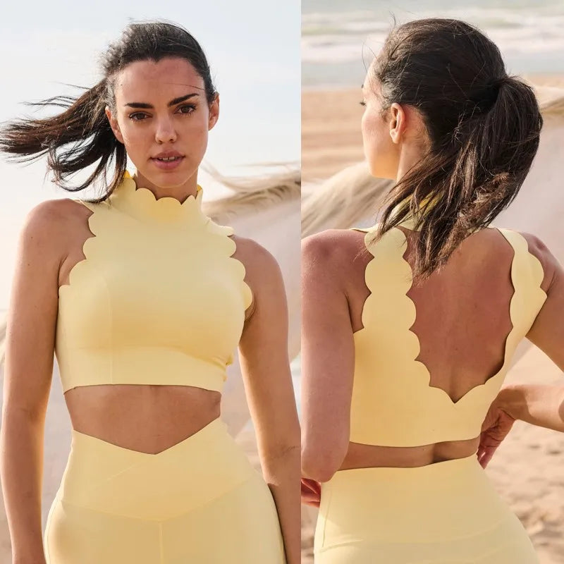 FUBEIKE Women Sport Top Hanging Neck V Collar Yoga Bra Lace Thick Shoulder Strap Beauty Back Women's Tracksuit Running Fitness