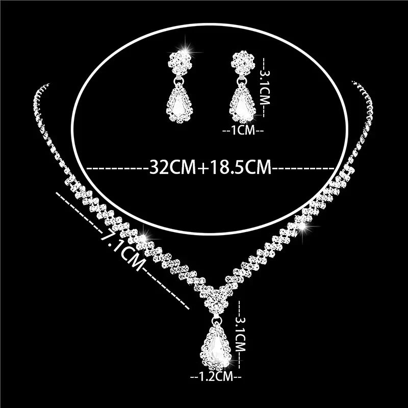 3Pcs Simple Fashion Water Drop Crystal Rhinestones Necklace Earrings Sets For Women Wedding Bride Jewelry Sets Accessories Gift