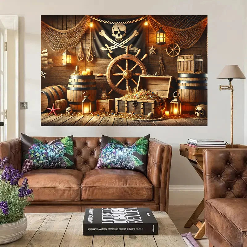 Pirate themed treasure room background, suitable for use as living room, bedroom, office, outdoor space, photography props