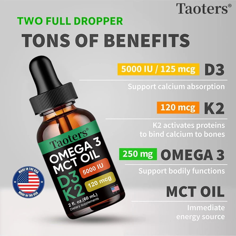 Vitamin D3 K2 Drops, Vitamin D Liquid 5000 IU with Omega 3 & MCT Oil,  Non-GMO for Immune Support Dietary Supplement, 60 Ml