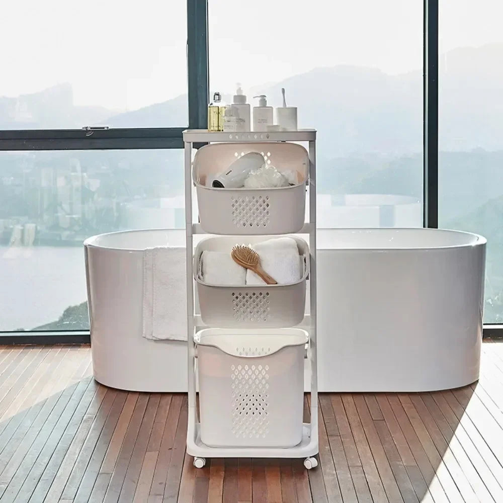 3-Tier Laundry Storage Basket Bathroom Dirty Clothes Storage Basket With Wheel Clothes Sorter Organizer Hamper Rack Rolling Cart