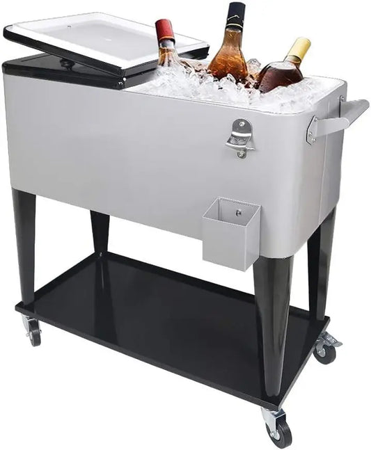 80 QT Rolling Cooler Cart Ice Chest for Outdoor Patio Deck Party Portable Party Bar Cold Drink Beverage Cart Tub, Backyard