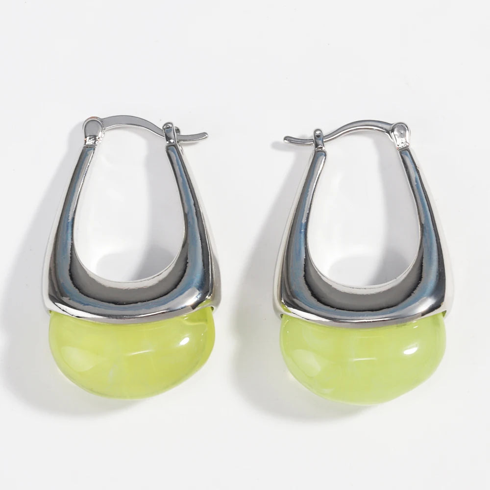 Colorful Transparent Resin Geometric Hoop Earrings for Women U Shape Ear Buckle Hoops with Natural Stone Charms Gifts