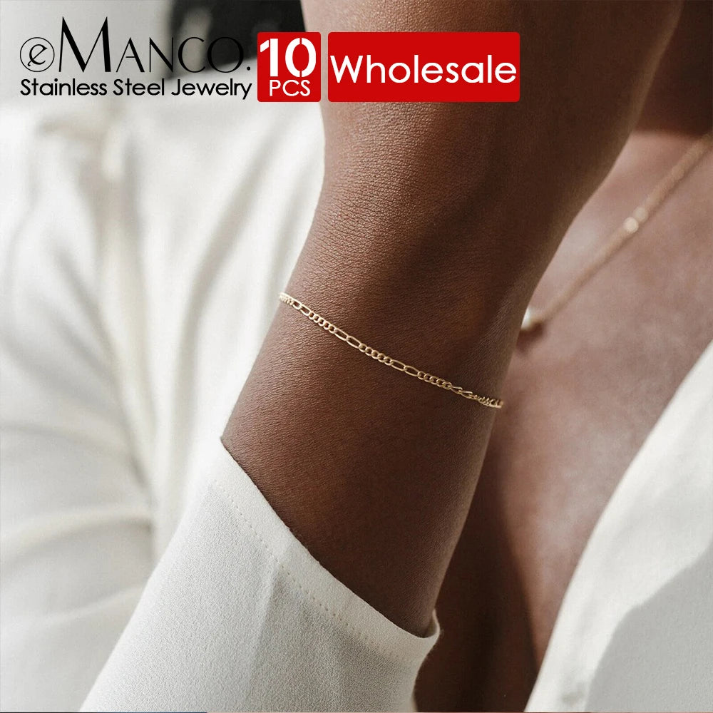 eManco 10PCS Classic Figaro Chain Bracelet Women Trend Gold Color Width 4/6/8MM Stainless Steel Chain Bracelet For Women Jewelry