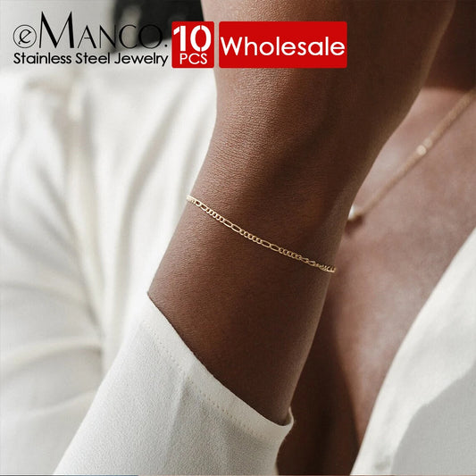 eManco 10PCS Classic Figaro Chain Bracelet Women Trend Gold Color Width 4/6/8MM Stainless Steel Chain Bracelet For Women Jewelry