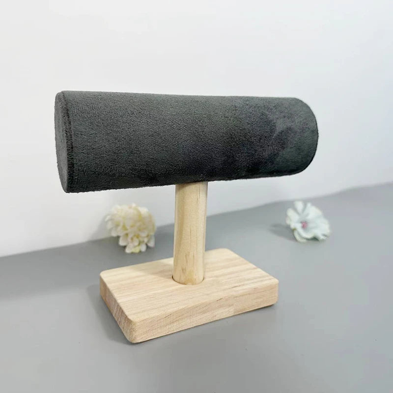 1pc Velvet Bracelet Display Stand With Wooden Base Bangle Necklace Hairbands Watches Jewelry Storage Rack Counter Showcase Props