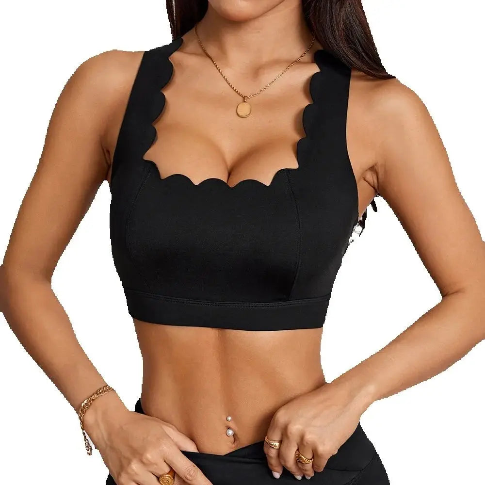 Anfilia Women Sports Bras Quick Dry Fitness Square Neck Scalloped Trim Back Cross Straps Built-In Bras Yoga Gym Crop Tops