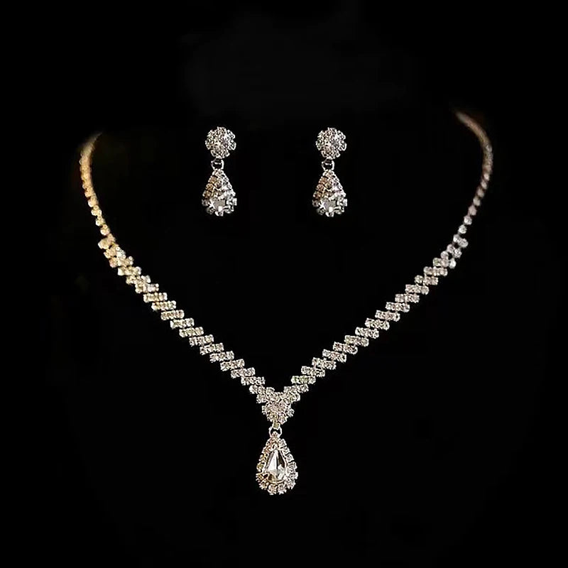 3Pcs Simple Fashion Water Drop Crystal Rhinestones Necklace Earrings Sets For Women Wedding Bride Jewelry Sets Accessories Gift