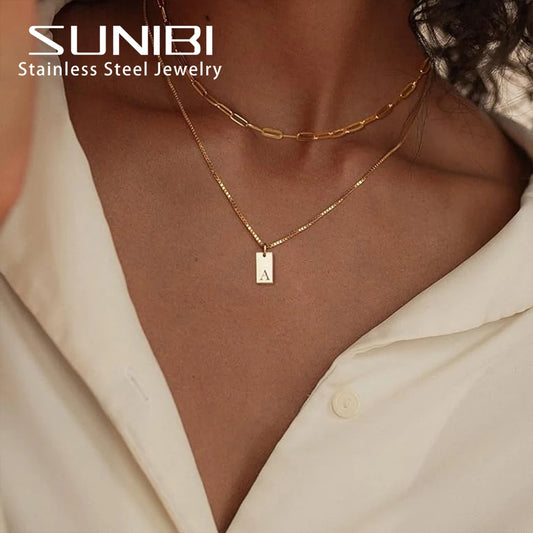 SUNIBI Layering Paperclip Chain Necklace Personalized Simple A-Z Letter Name Tag Pendant Necklace Layered Necklaces Wholesale
