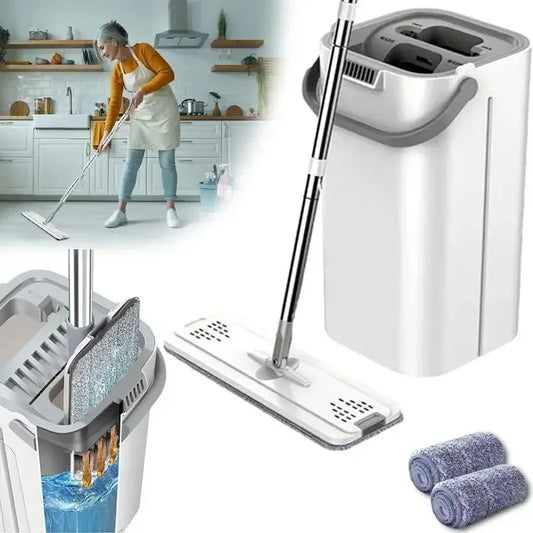 White Hand Free Flat Floor Mop Bucket Set For Professional Home Floor Cleaning System With Washable Microfiber Pads