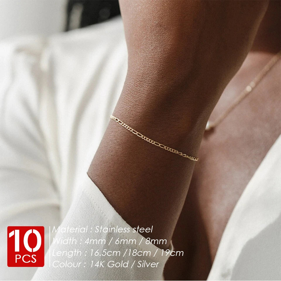 eManco 10PCS Classic Figaro Chain Bracelet Women Trend Gold Color Width 4/6/8MM Stainless Steel Chain Bracelet For Women Jewelry