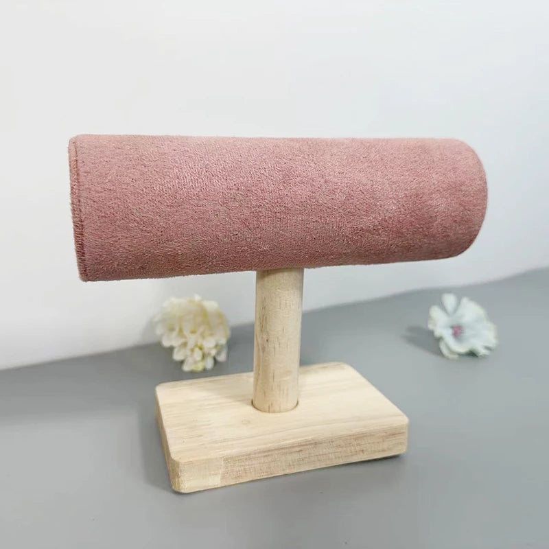 1pc Velvet Bracelet Display Stand With Wooden Base Bangle Necklace Hairbands Watches Jewelry Storage Rack Counter Showcase Props