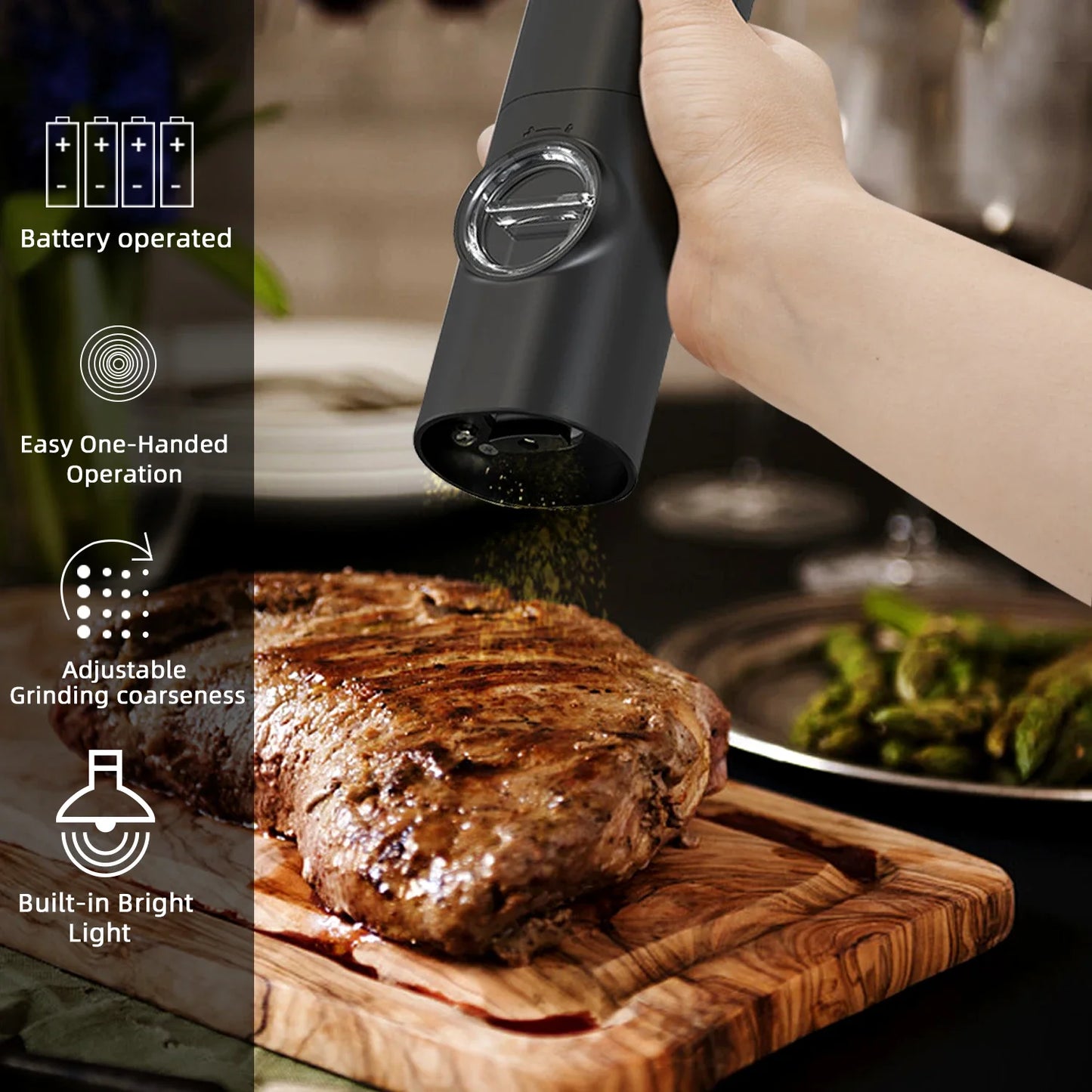 Electric Pepper And Salt Grinder Set Battery Powered With Stylish Base Automatic Pepper Grinder LED Light  Adjustable Thickness