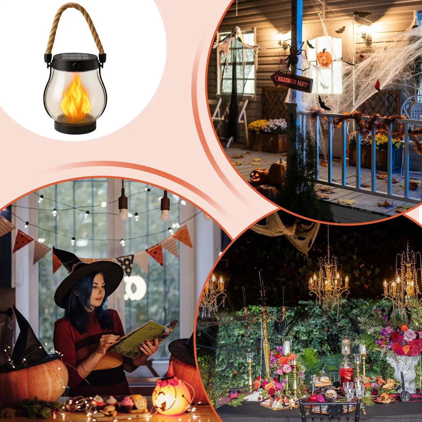 Solar Halloween Flame Lantern, Waterproof Flickering LED Light with USB, Haunted House Garden Balcony Yard Porch Backyard Decor