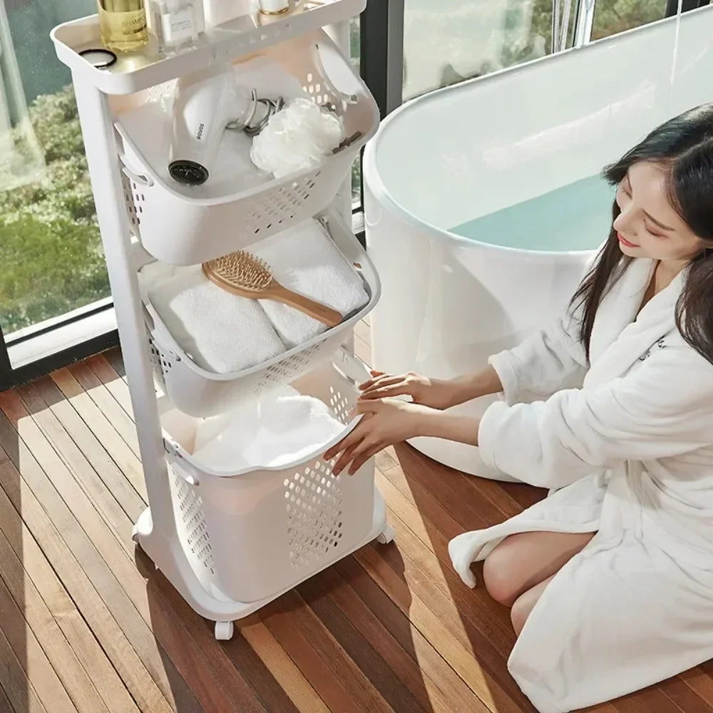 3-Tier Laundry Storage Basket Bathroom Dirty Clothes Storage Basket With Wheel Clothes Sorter Organizer Hamper Rack Rolling Cart