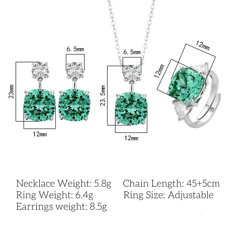 Exquisite Square Cut Green Crystal Jewelry Necklace Adjustable Ring Earrings Dress Accessories Design Trendy Fashion for Women