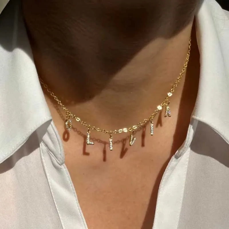 Customized Name Necklace Personalized Zircon 26 Capital Letter Stainless Steel Choker Necklace Pendant Nameplate Jewelry Gift