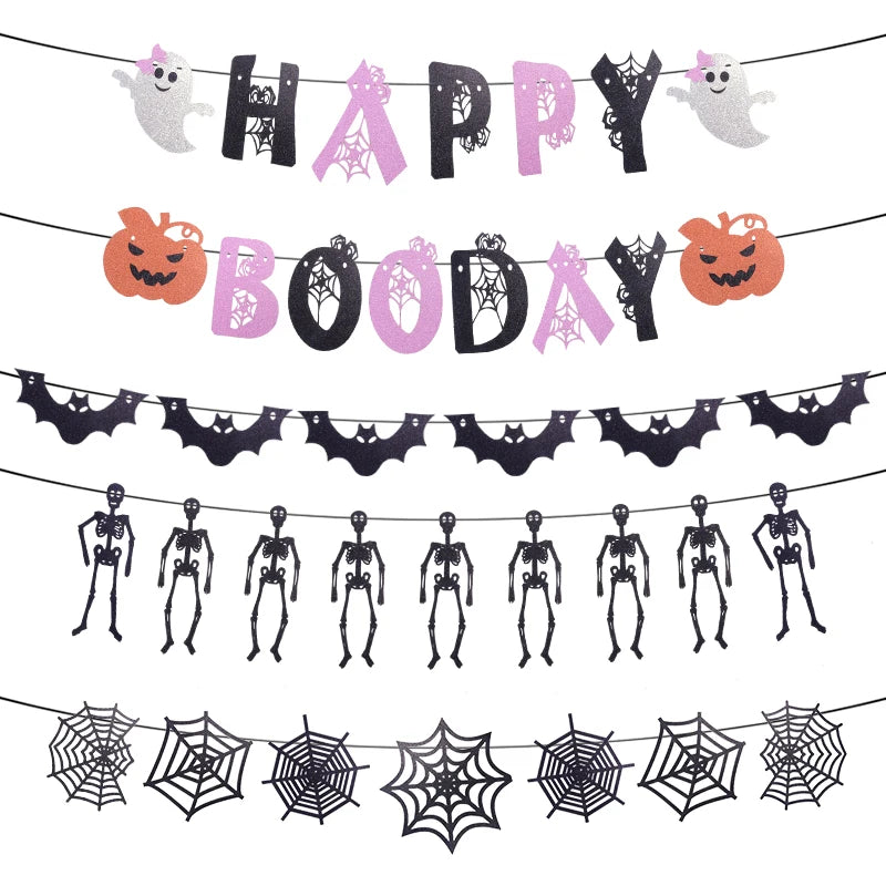 Halloween Party Hanging Banner Garlands Pumpkin Ghost Bat Spider Bunting Paper Banner Halloween Party Home Decorations Props