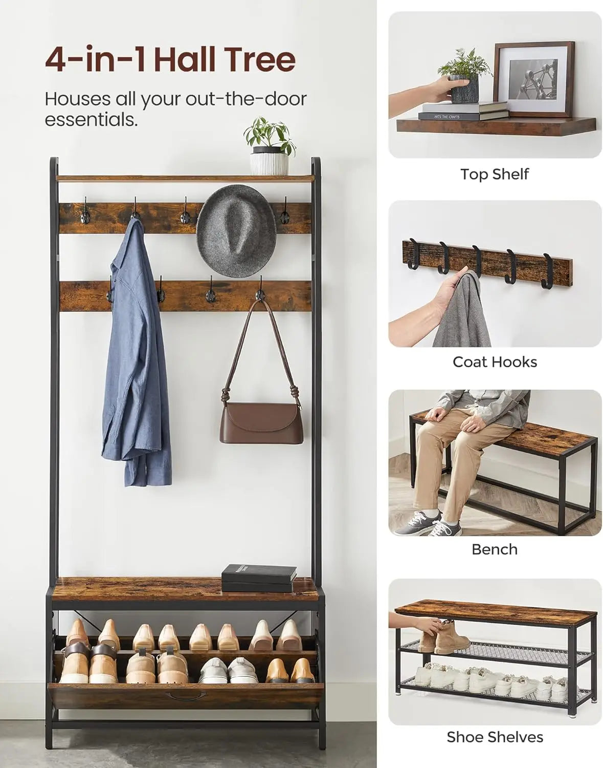 VASAGLE coat rack with shoe cabinet, wardrobe with bench, dresses rack, shoe dump truck, 9 hooks