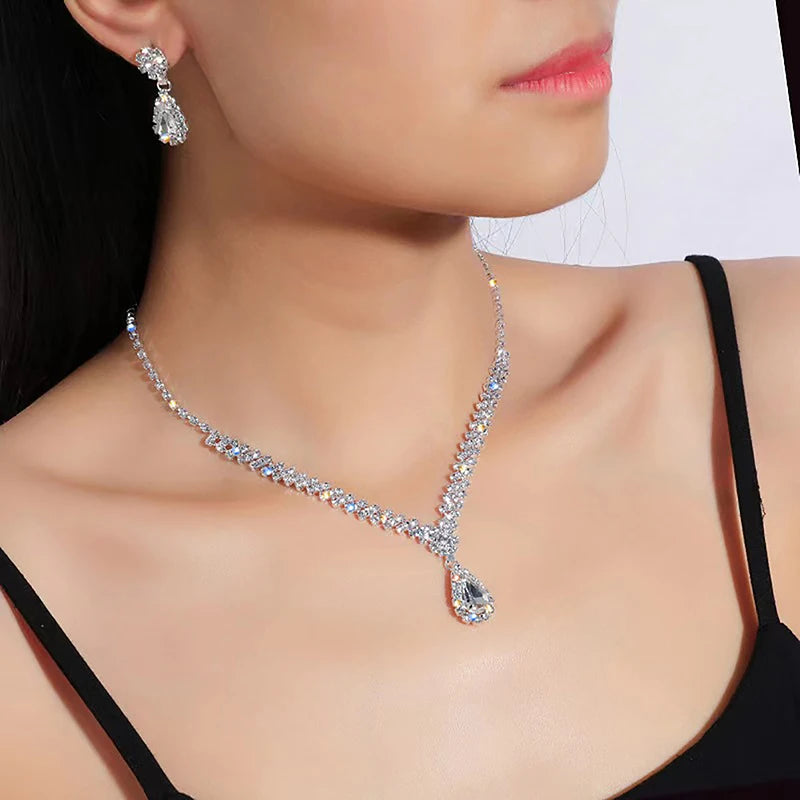 3Pcs Simple Fashion Water Drop Crystal Rhinestones Necklace Earrings Sets For Women Wedding Bride Jewelry Sets Accessories Gift