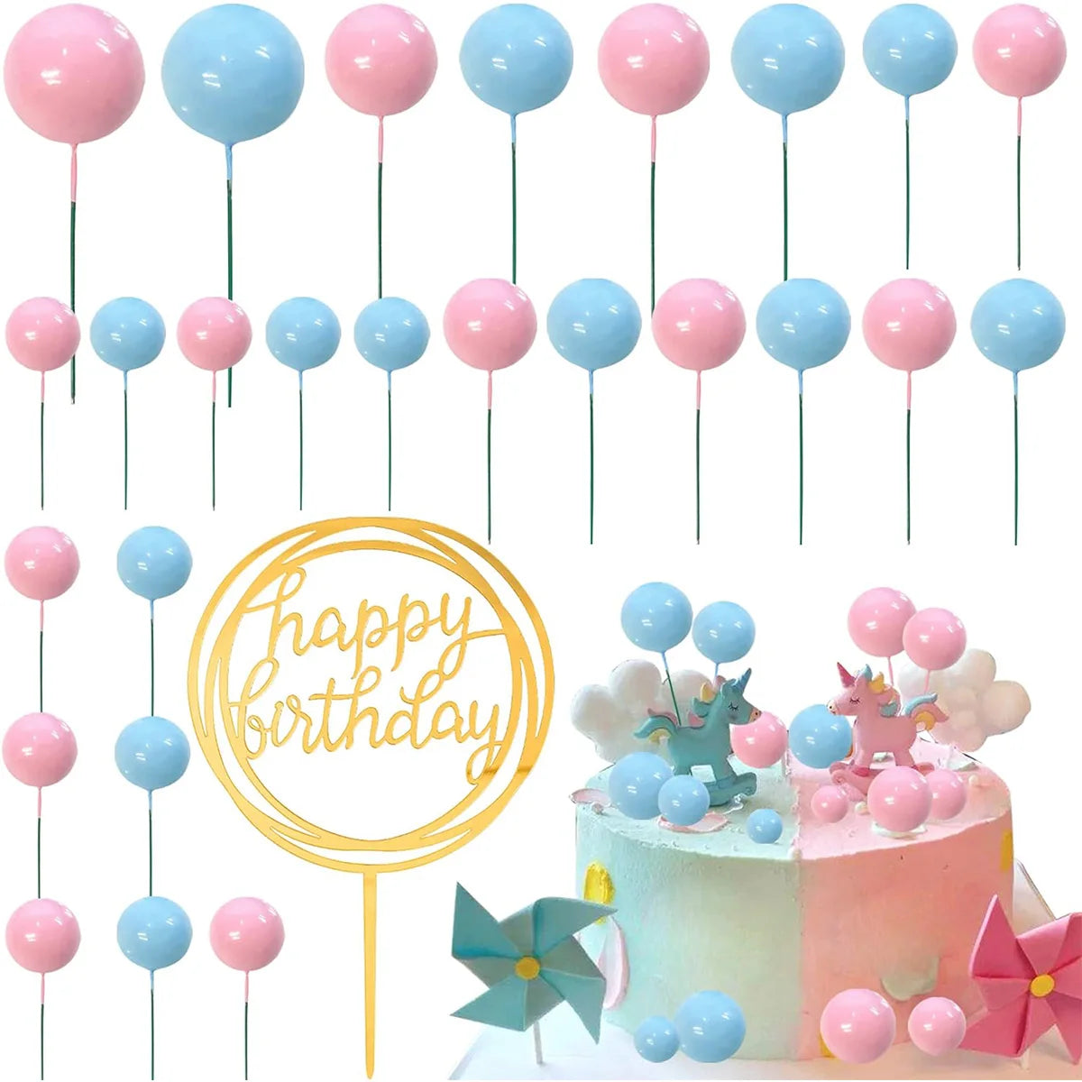 27pcs Pearl Balls Cake Topper Happy Birthday Cake Insert Pick DIYPile Up Insert for  Birthday Party Cake Decoration (Black Gold)